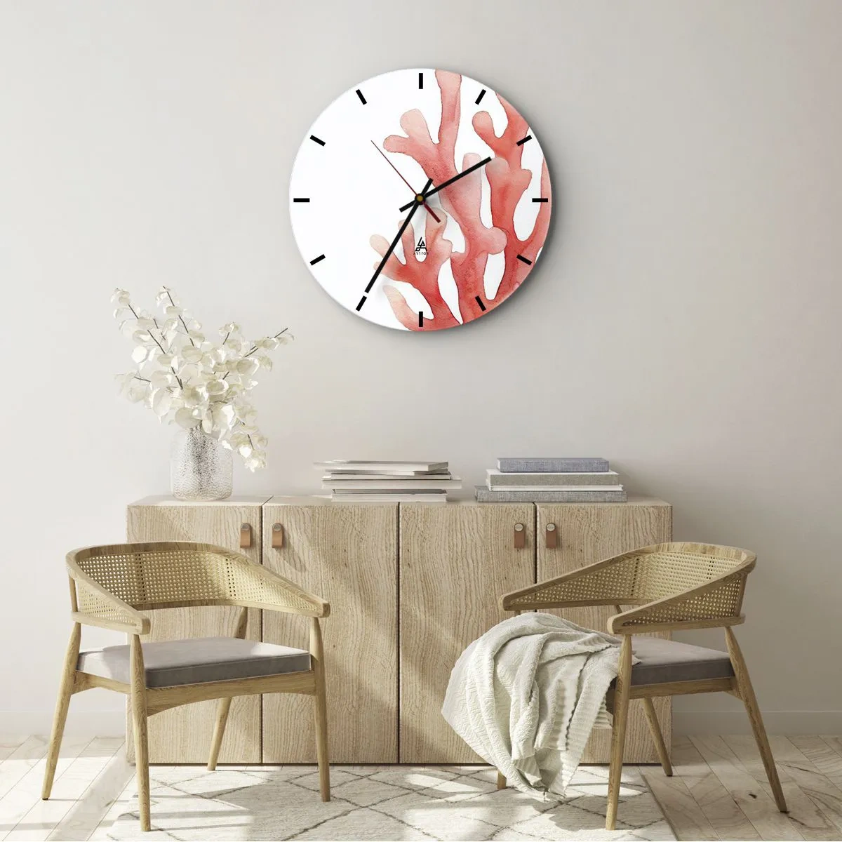 Falióra, Óra - Vörös korall, akvarell, fehér alapon festett - 30x30cm - A korall színe - Modern fali dekoráció nappalihoz, konyhához és hálószobához ARTTOR