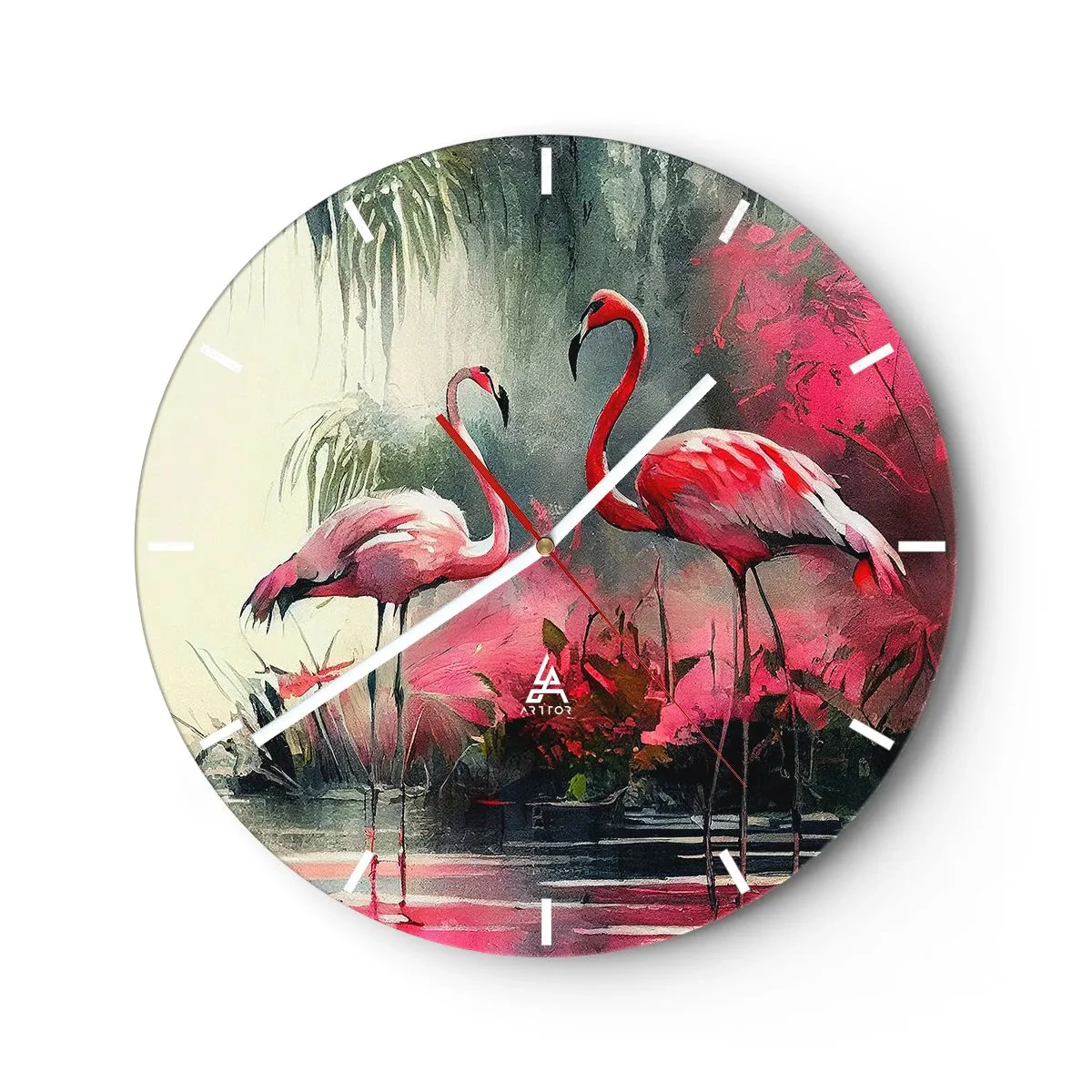 Falióra, Óra - Két flamingó egzotikus, rózsaszín környezetben - 30x30cm - Egy lecke a természetes bájról - Modern fali dekoráció nappalihoz, konyhához és hálószobához ARTTOR