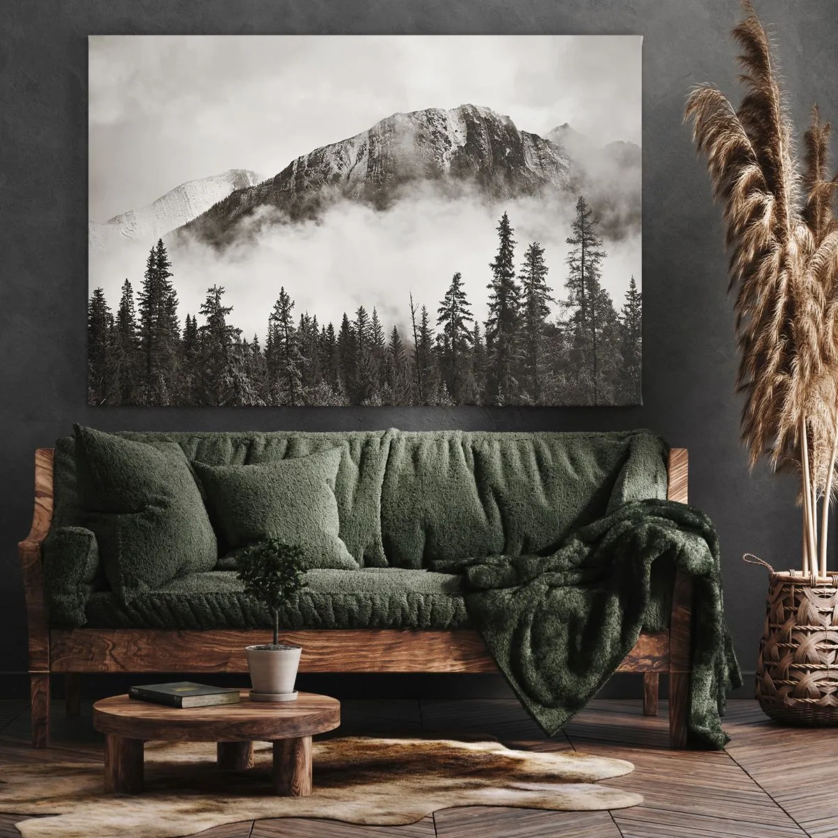 Vászonkép - Egy festői hegycsúcs, amelyet köd és szépia árnyalatú erdő vesz körül - 70x50cm - Gránit uralkodó - Modern fali dekoráció nappalihoz és hálószobához ARTTOR