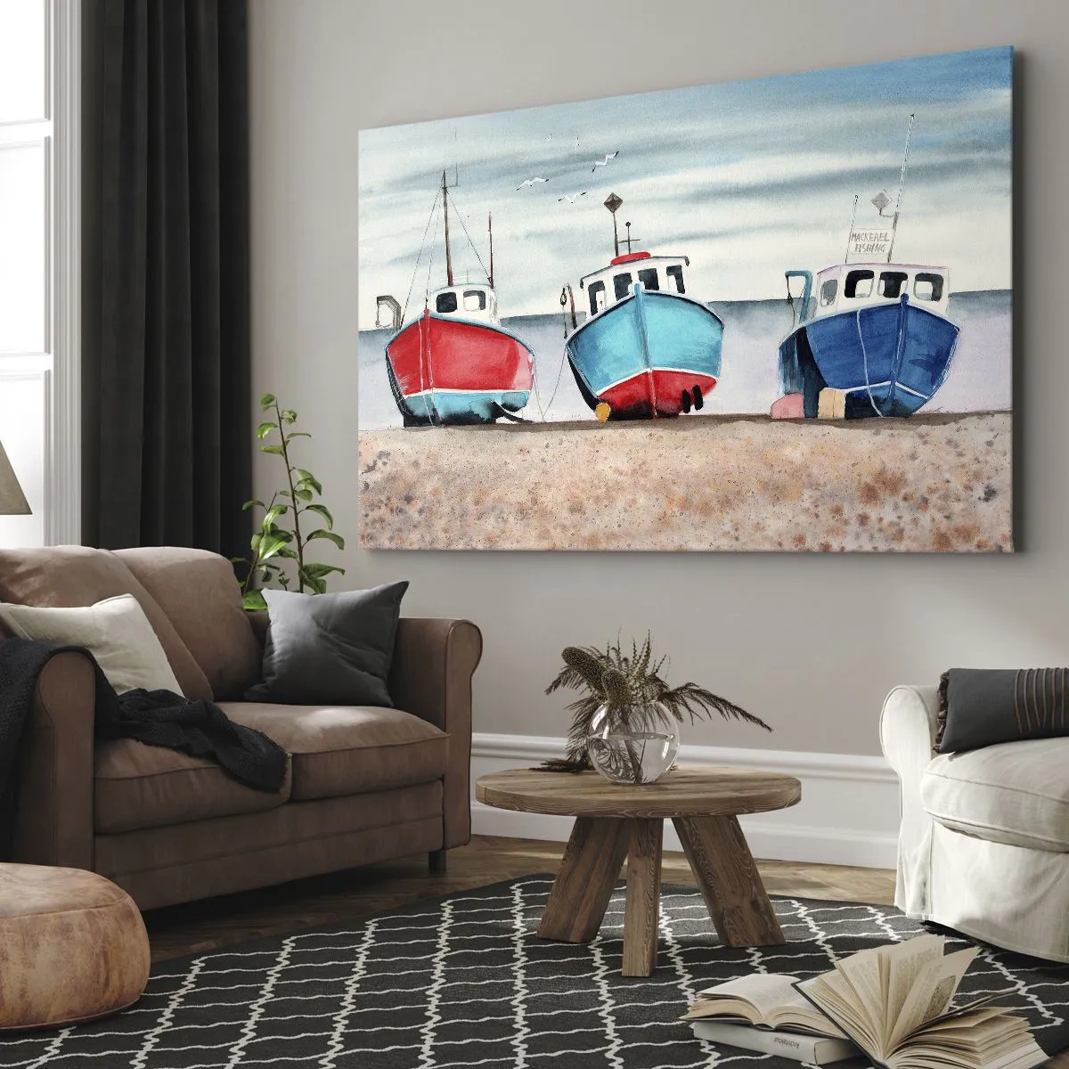 Vászonkép - Színes halászhajók a parton, tengeri tájképen - 70x50cm - Fogásra készen - Modern fali dekoráció nappalihoz és hálószobához ARTTOR