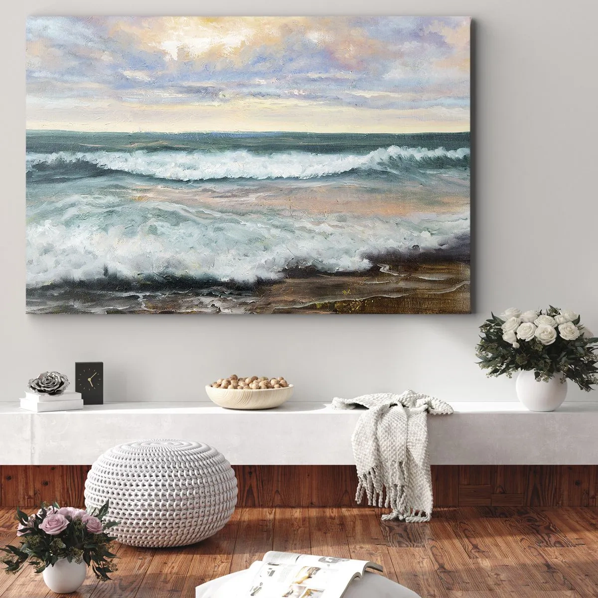 Vászonkép - Tengeri hullámok a felhős ég ellen naplementekor - 70x50cm - Itt kisimítod a lelked - Modern fali dekoráció nappalihoz és hálószobához ARTTOR