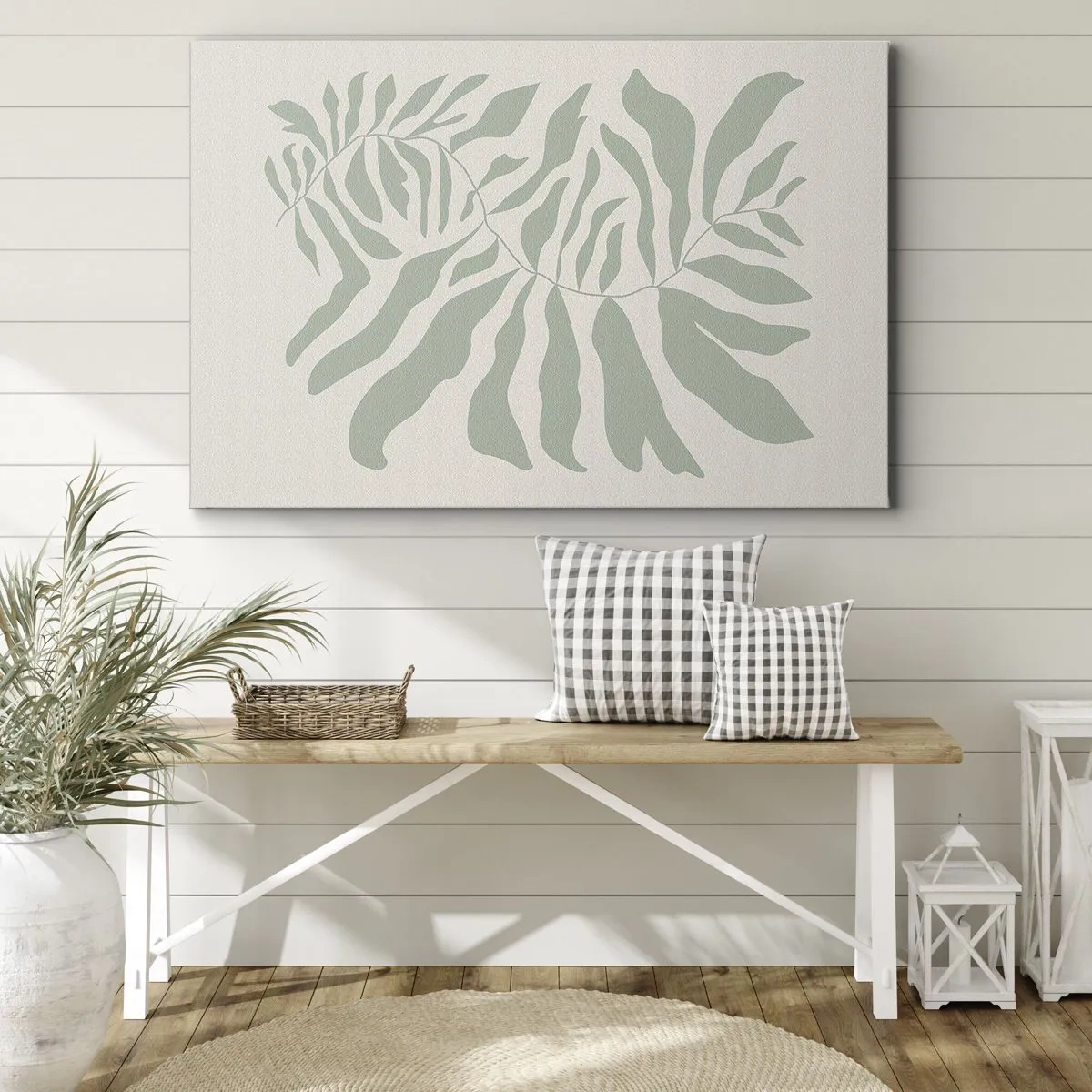 Vászonkép - Finom gallyminta smaragdzöld árnyalatú levelekkel - 70x50cm - Smaragdzöld ág - Modern fali dekoráció nappalihoz és hálószobához ARTTOR