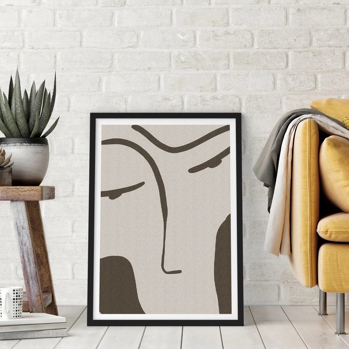 Poszter fehér keretben - Minimalista arckép - 50x70cm - Mintha egy Modigliani-festményből lenne - Modern fali dekoráció nappalihoz és hálószobához ARTTOR