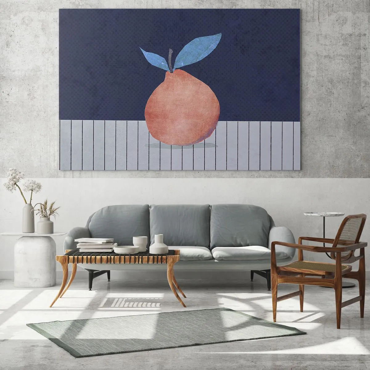 Üveg kép - Egy gyümölcs absztrakt formával egy geometrikus kompozíció hátterében - 70x50cm - Domborúság és sík - Modern fali dekoráció nappalihoz és hálószobához ARTTOR