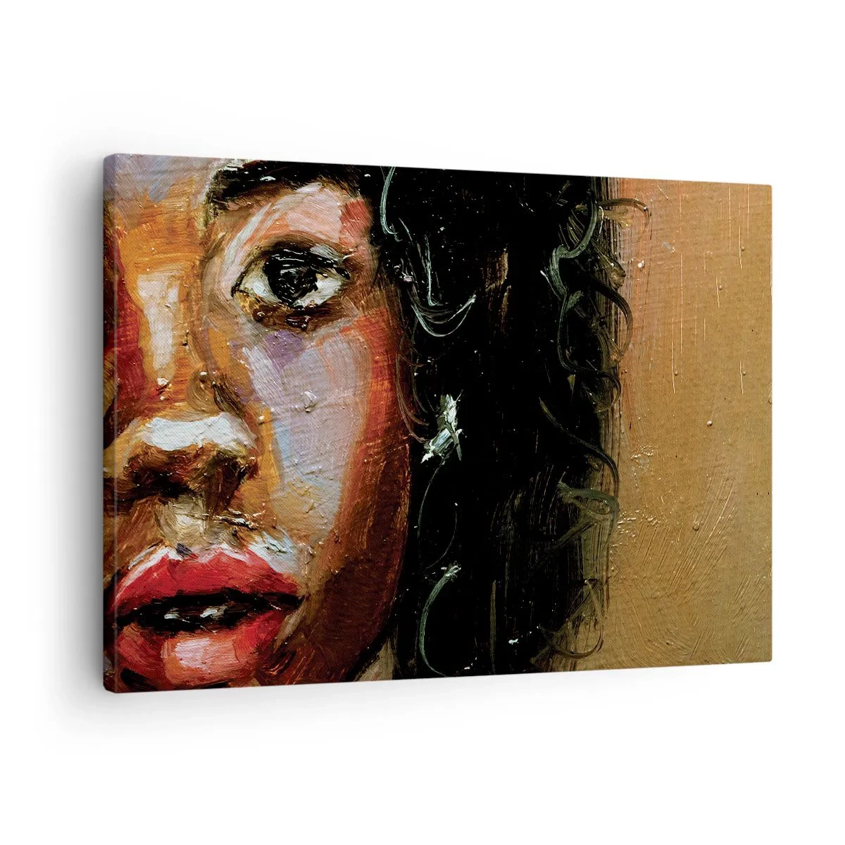 Vászonkép - Egy kifejező portré egy nőről intenzív színekkel. - 70x50cm - Fekete és fény - Modern fali dekoráció nappalihoz és hálószobához ARTTOR