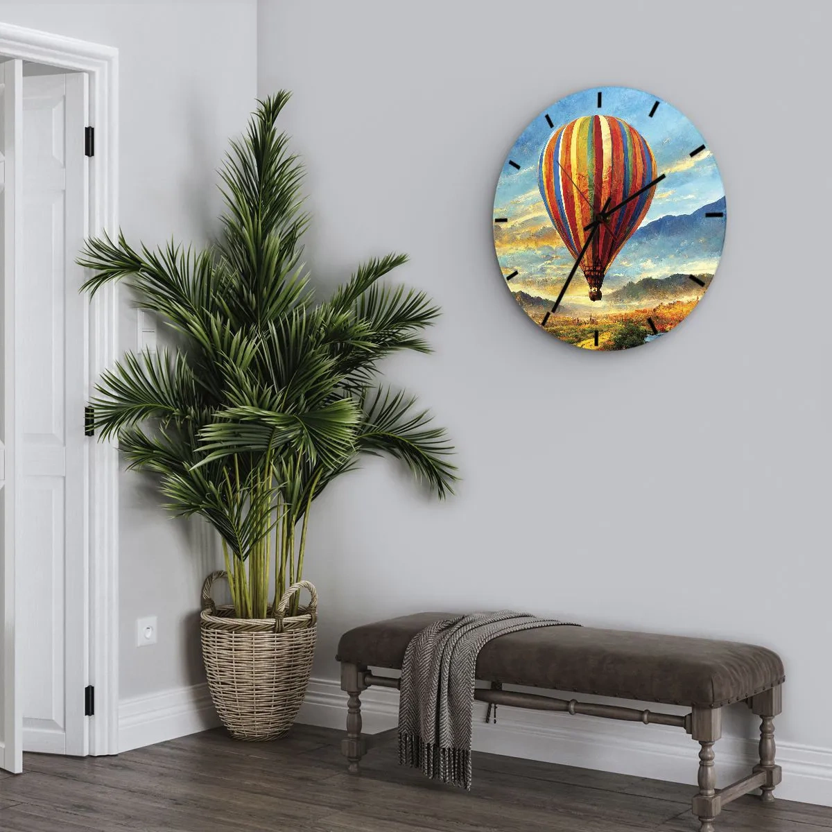 Falióra, Óra - Egy színes léggömb a hegyi táj előtt napfelkeltekor - 30x30cm - A csendben többet látsz - Modern fali dekoráció nappalihoz, konyhához és hálószobához ARTTOR