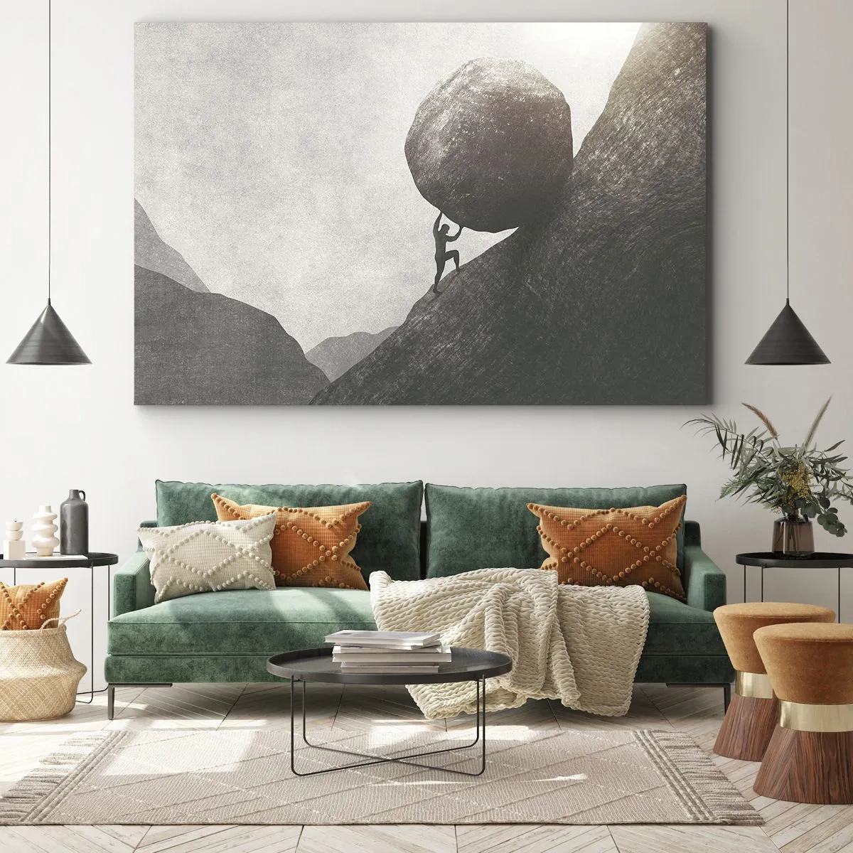 Vászonkép - Egy férfi egy hatalmas sziklára mászik fel egy dombon - 70x50cm - Hiszek minden remény ellenére  - Modern fali dekoráció nappalihoz és hálószobához ARTTOR