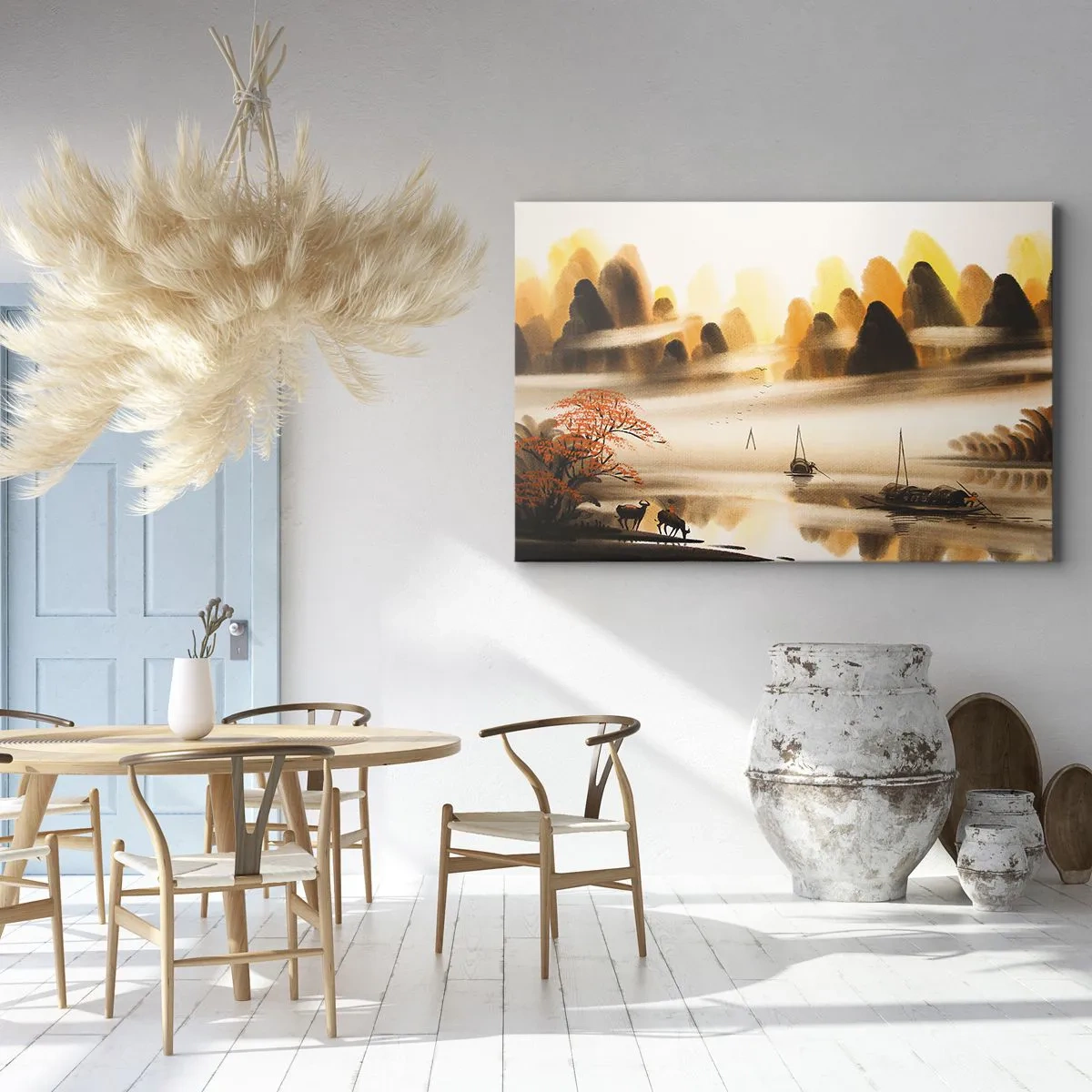 Vászonkép - Egy keleti táj folyóval, hegyekkel és enyhe köddel. - 70x50cm - Távolabb, mint a Távol-Kelet - Modern fali dekoráció nappalihoz és hálószobához ARTTOR