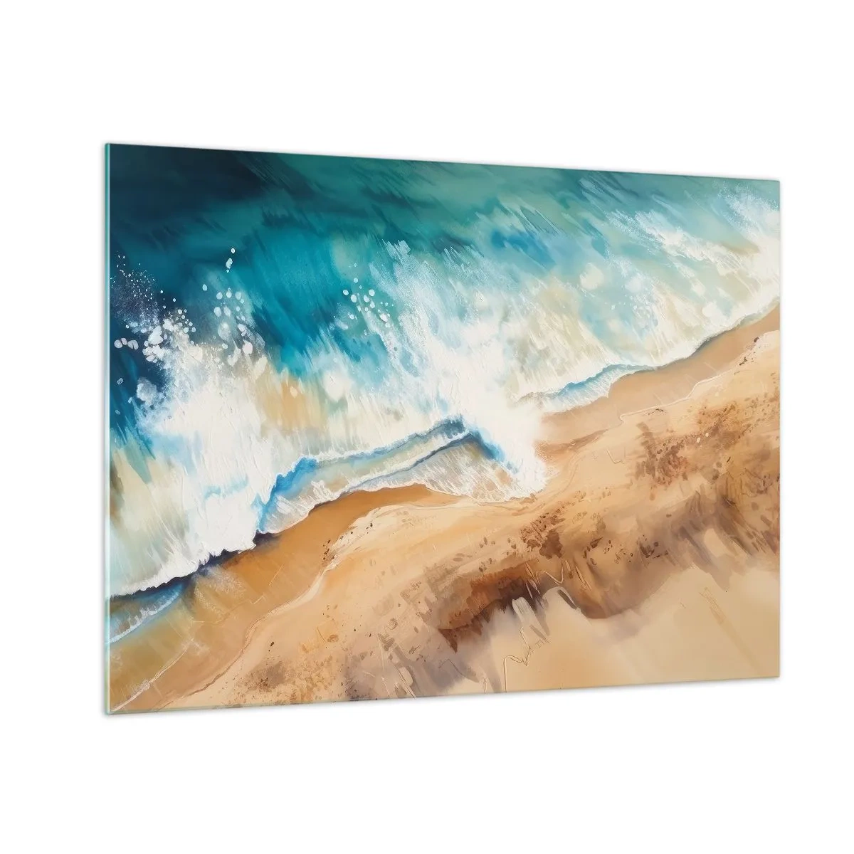 Üveg kép - Madártávlatból egy kék tengerhullám csapódik a homokos partnak - 70x50cm - Visszatérő hullám - Modern fali dekoráció nappalihoz és hálószobához ARTTOR