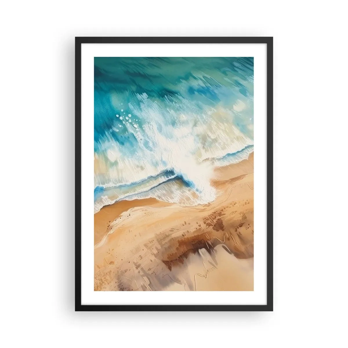 Poszter fehér keretben - Egy absztrakt jelenet egy hullámról, amely a partra csapódik türkiz és homok árnyalataiban. - 50x70cm - Visszatérő hullám - Modern fali dekoráció nappalihoz és hálószobához ARTTOR