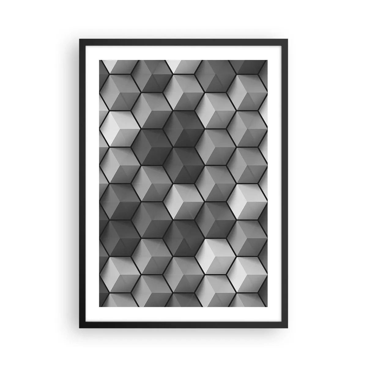 Poszter fehér keretben - 3D-s geometriai kockák fekete-fehér kompozíciója - 50x70cm - Kubista kirakós - Modern fali dekoráció nappalihoz és hálószobához ARTTOR