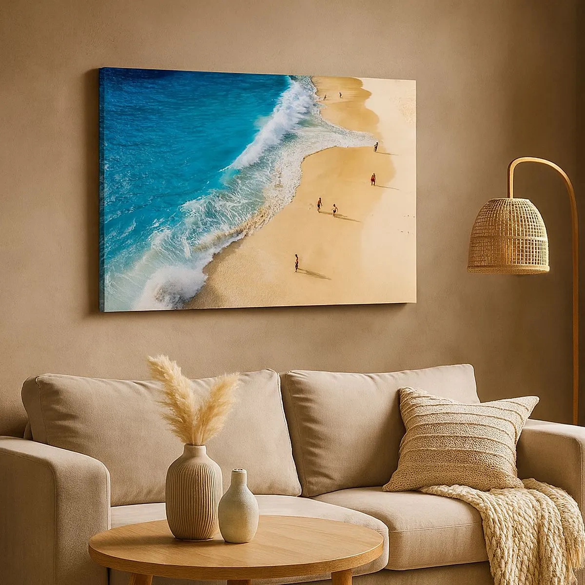 Vászonkép - Egy türkizkék vizű strand és sétáló emberek - 70x50cm - Aztán a nap, a tengerpart... - Modern fali dekoráció nappalihoz és hálószobához ARTTOR