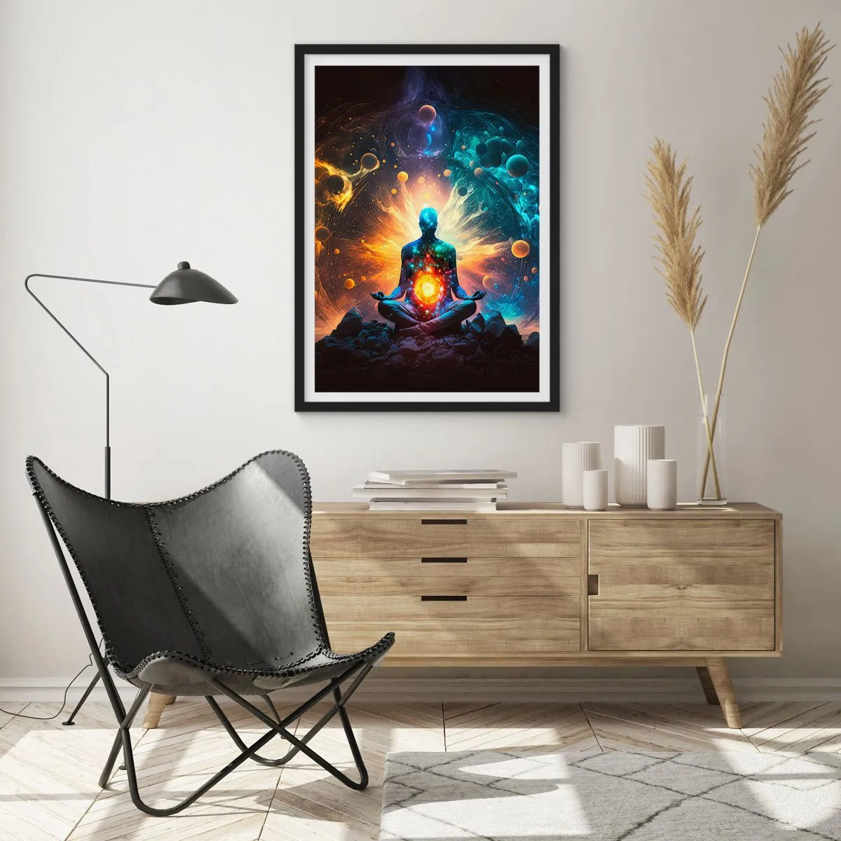 Poszter fehér keretben - Egy meditáló alak egy energiával teli kozmikus aurában - 50x70cm - Kozmikus nyugalom - Modern fali dekoráció nappalihoz és hálószobához ARTTOR