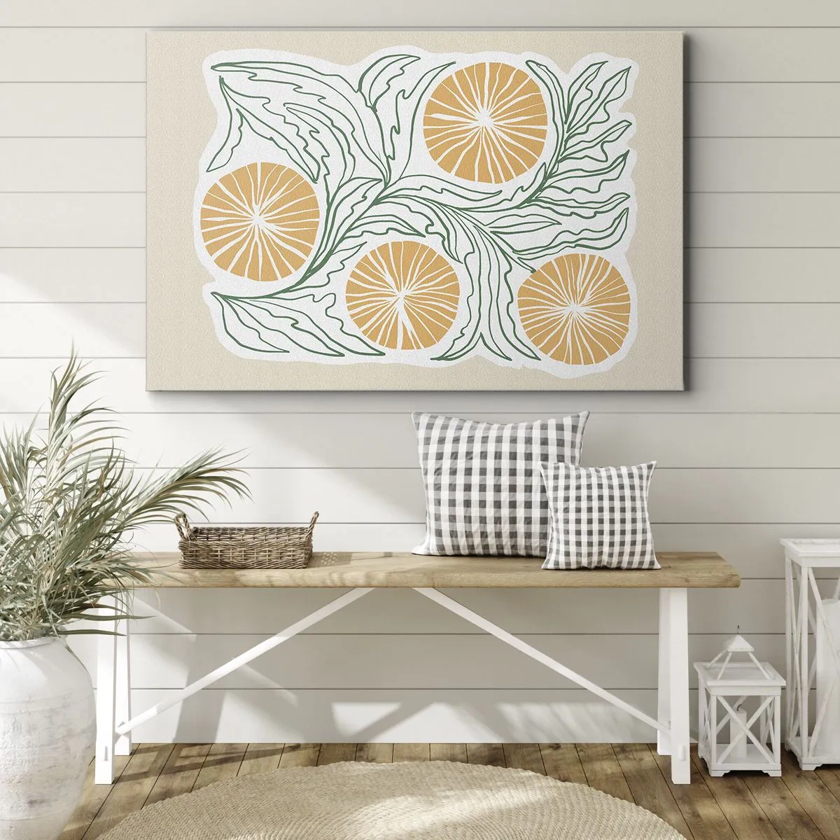 Vászonkép - Minimalista narancssárga motívum zöld levelekkel - 70x50cm - Etnikus egy csipet absztrakcióval - Modern fali dekoráció nappalihoz és hálószobához ARTTOR
