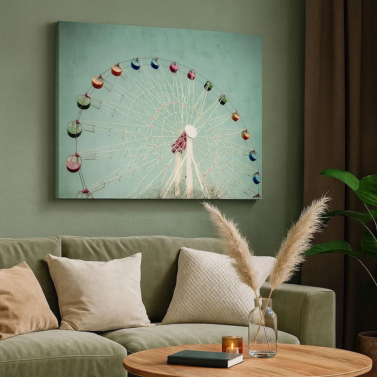 Vászonkép - Egy színes óriáskerék a kék ég ellen retro stílusban - 70x50cm - Gyere játszani - Modern fali dekoráció nappalihoz és hálószobához ARTTOR