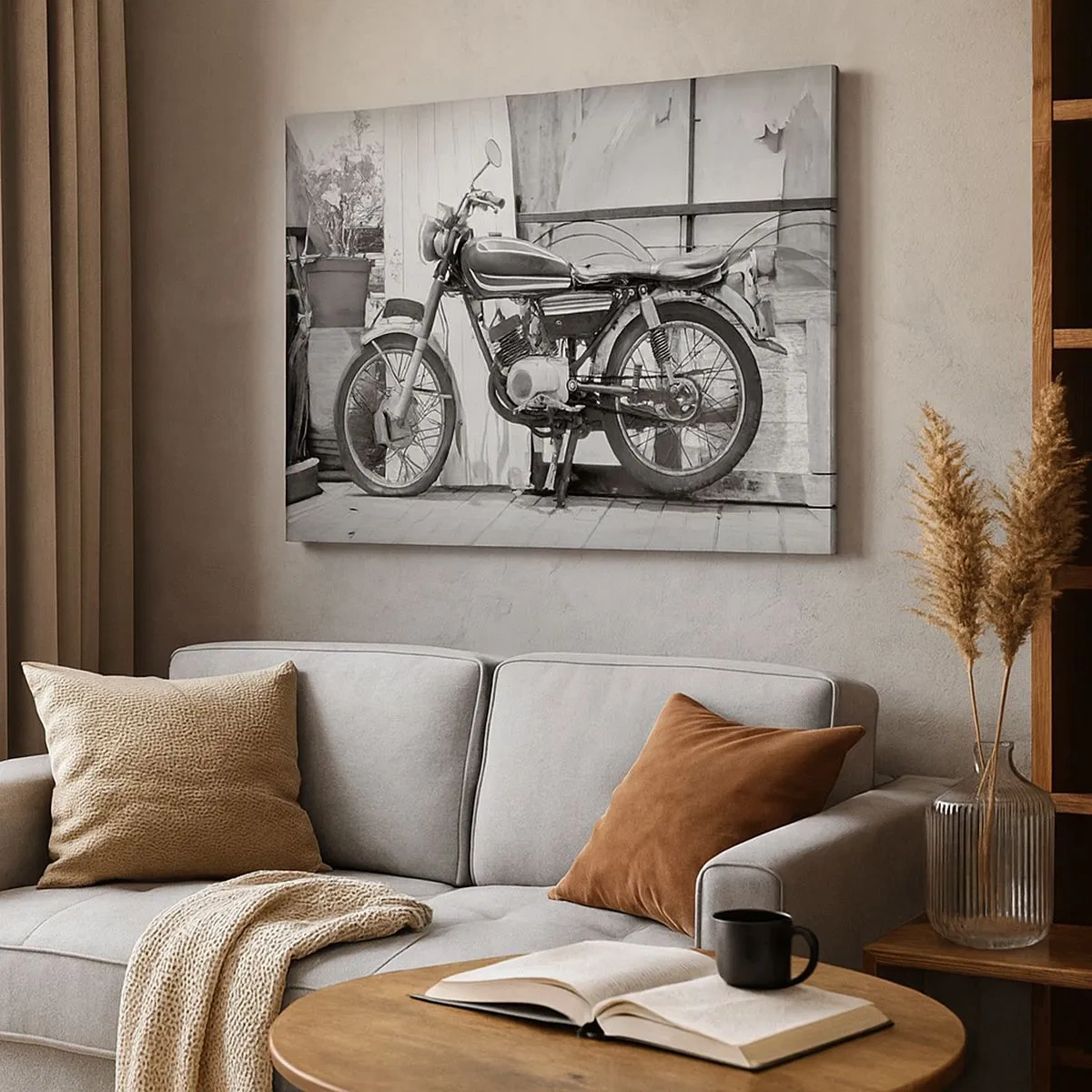 Vászonkép - Fekete-fehér fotó egy klasszikus motorkerékpárról - 70x50cm - Klasszikus mindenek felett - Modern fali dekoráció nappalihoz és hálószobához ARTTOR
