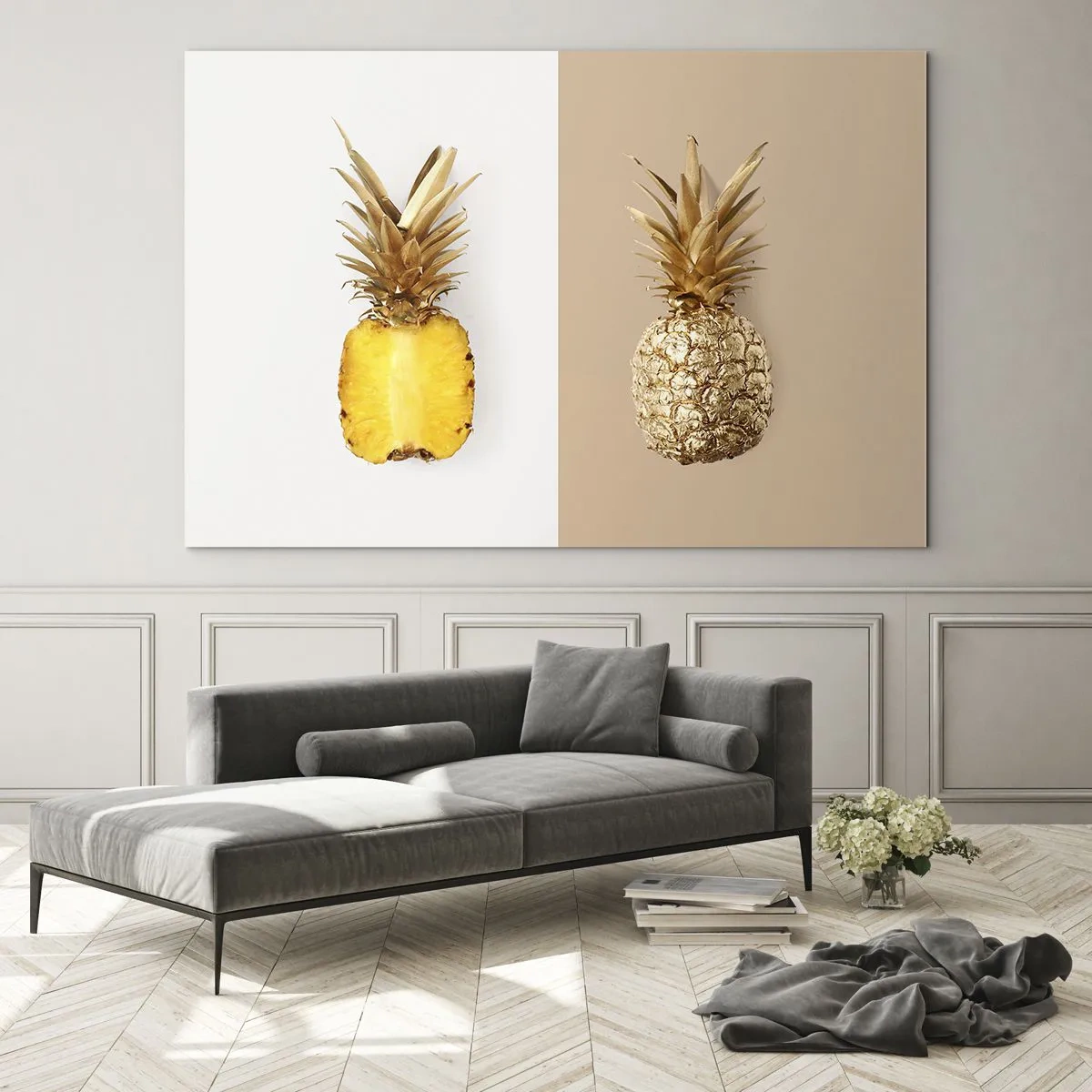 Üveg kép - Egy szeletelt és arany ananász két kontrasztos háttéren - 70x50cm - Ananász nekünk - Modern fali dekoráció nappalihoz és hálószobához ARTTOR