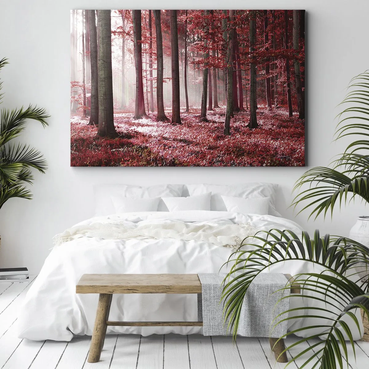 Vászonkép - Egy lenyűgöző erdő vörös árnyalatokban, a fák között átszűrődő fénysugarakkal - 70x50cm - A piros különösen szép - Modern fali dekoráció nappalihoz és hálószobához ARTTOR