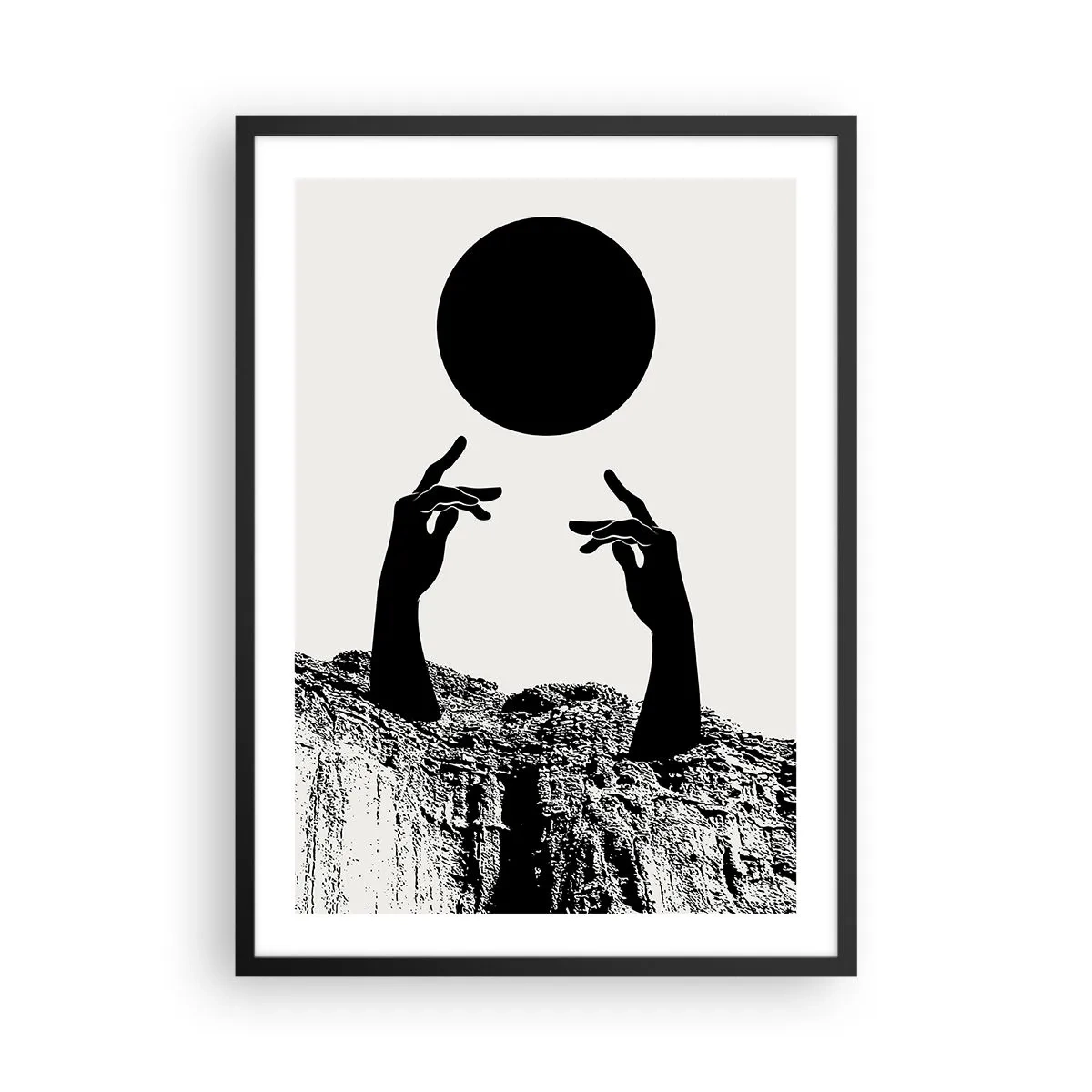 Poszter fehér keretben - Szimbolikus kezek, amelyek egy fekete labdáért nyúlnak a sziklák hátterében - 50x70cm - Szürreális kompozíció: a nap és a többi - Modern fali dekoráció nappalihoz és hálószobához ARTTOR