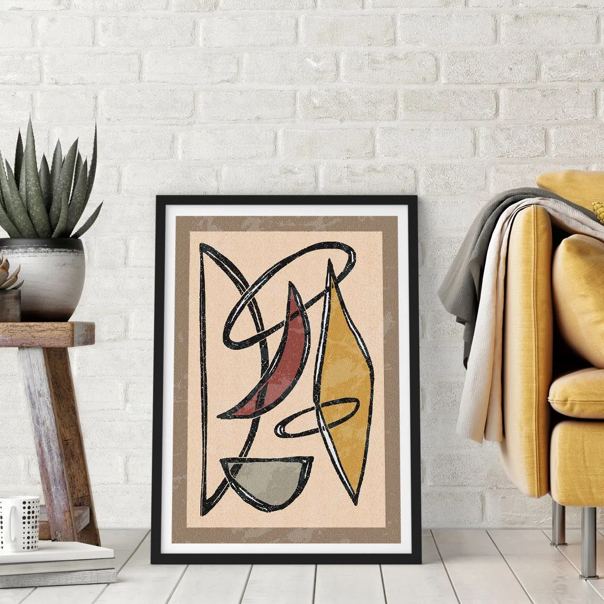 Poszter fehér keretben - Absztrakt geometrikus kompozíció bézs és fekete árnyalatokban - 50x70cm - Kompozíció - ívek és oválisok - Modern fali dekoráció nappalihoz és hálószobához ARTTOR