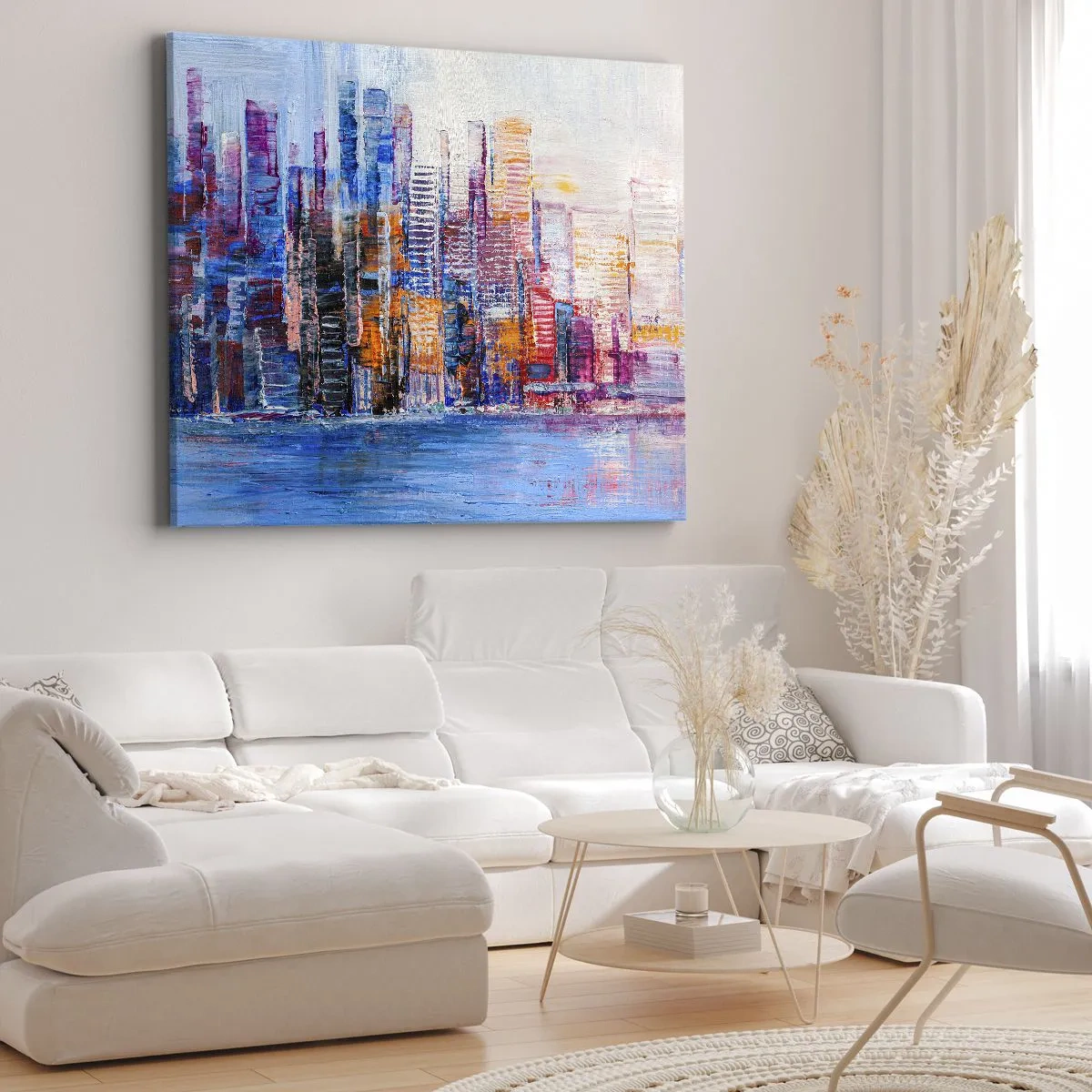 Vászonkép - A város színes panorámája tükröződésekkel a vízen - 70x50cm - Egy vidám metropolisz - Modern fali dekoráció nappalihoz és hálószobához ARTTOR
