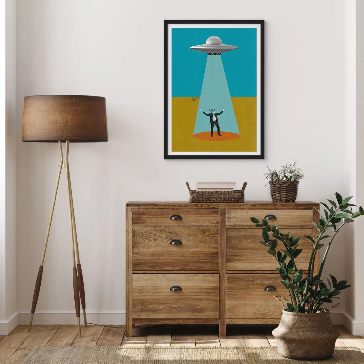 Poszter fehér keretben - UFO-elrablás retro illusztrációja - 50x70cm - Közeli találkozás - Modern fali dekoráció nappalihoz és hálószobához ARTTOR