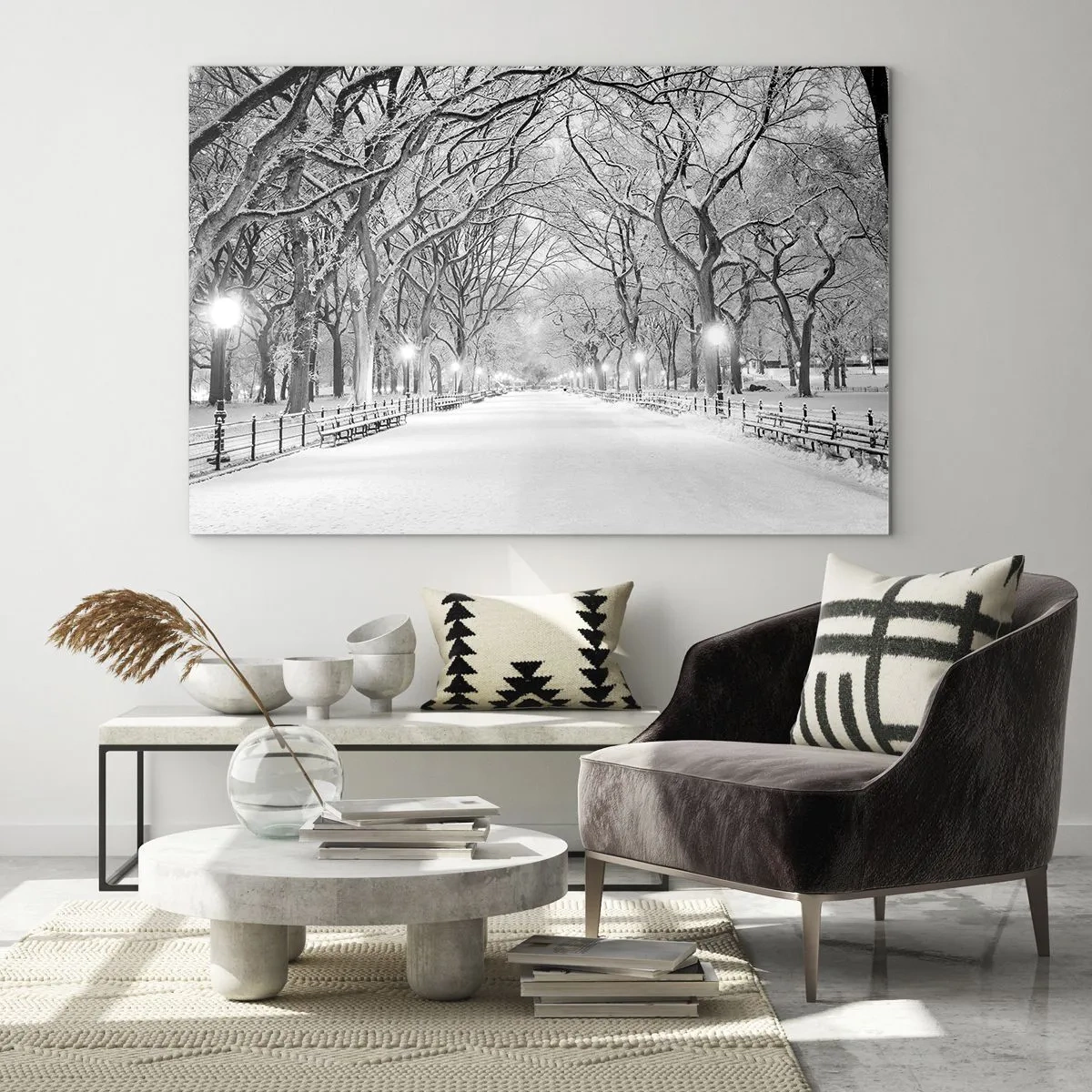 Üveg kép - Téli fasor a parkban fényekkel és hóval - 70x50cm - A négy évszak - tél - Modern fali dekoráció nappalihoz és hálószobához ARTTOR