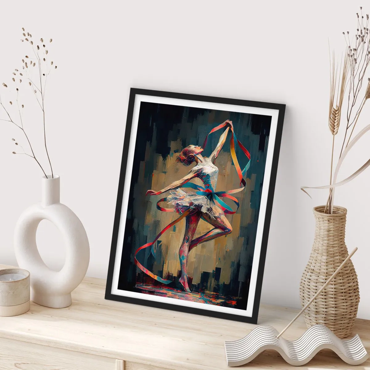 Poszter fehér keretben - Egy táncos dinamikus pózban, színes szalagokkal. - 50x70cm - Tánc egy szalaggal - Modern fali dekoráció nappalihoz és hálószobához ARTTOR