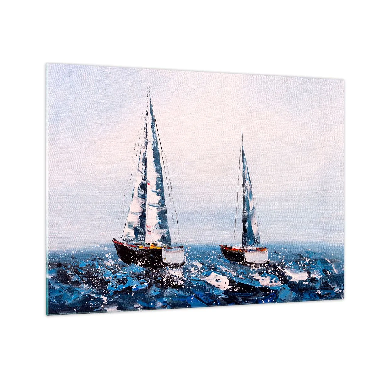 Üveg kép - Két jacht viharos tengeren impresszionista festői stílusban. - 70x50cm - A szél testvérisége - Modern fali dekoráció nappalihoz és hálószobához ARTTOR