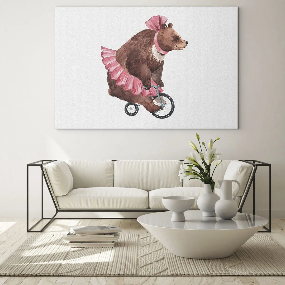 Üveg kép - Egy medve rózsaszín szoknyában egy egykerekűn - 70x50cm - Micsoda cirkusz! - Modern fali dekoráció nappalihoz és hálószobához ARTTOR