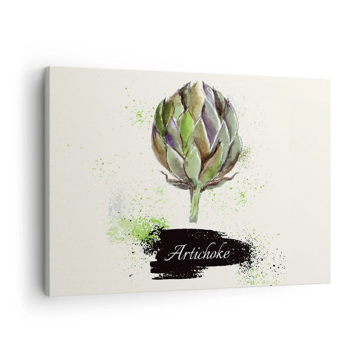 Vászonkép - Akvarell articsóka szöveggel világos háttéren, zöld díszítéssel - 70x50cm - Eviva zöldségek! - Modern fali dekoráció nappalihoz és hálószobához ARTTOR