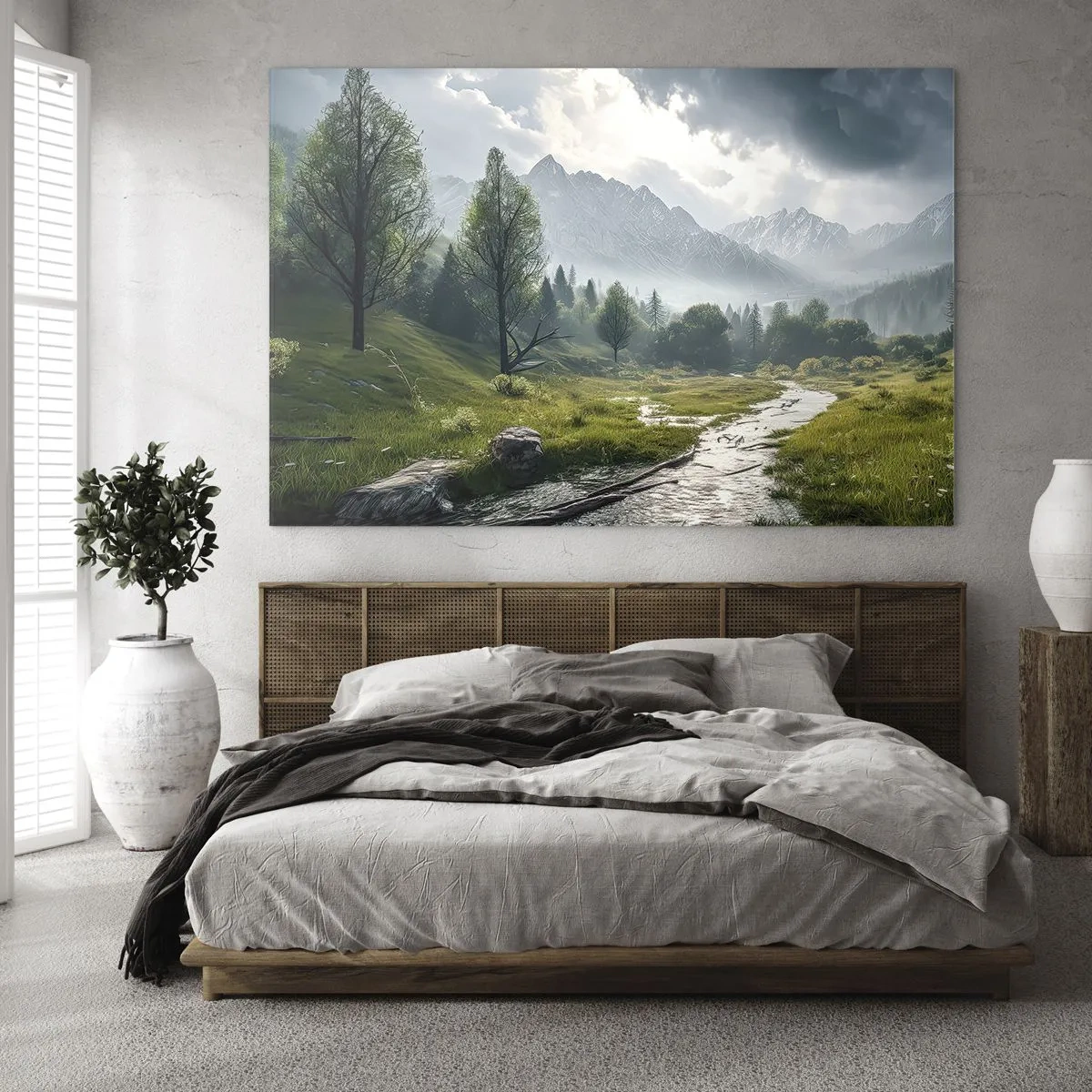Üveg kép - Hegyi táj patakkal és zöld völggyel reggel - 70x50cm - Oda és vissza - Modern fali dekoráció nappalihoz és hálószobához ARTTOR