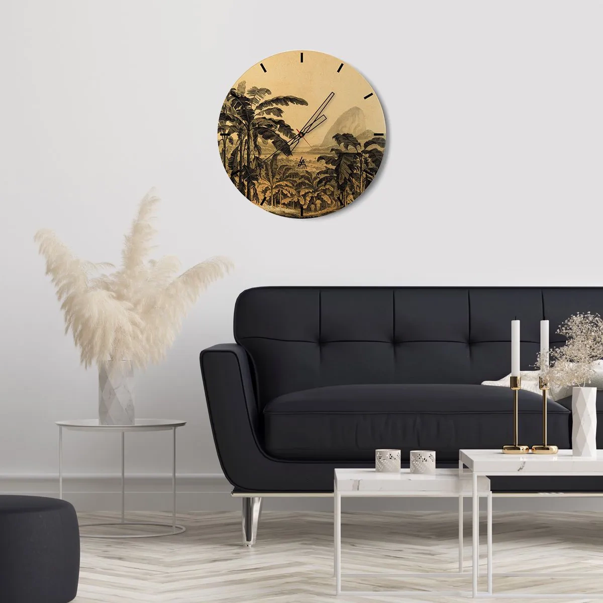 Falióra, Óra - Banán és egy retró trópusi táj - 30x30cm - Gyarmati klímában - Modern fali dekoráció nappalihoz, konyhához és hálószobához ARTTOR