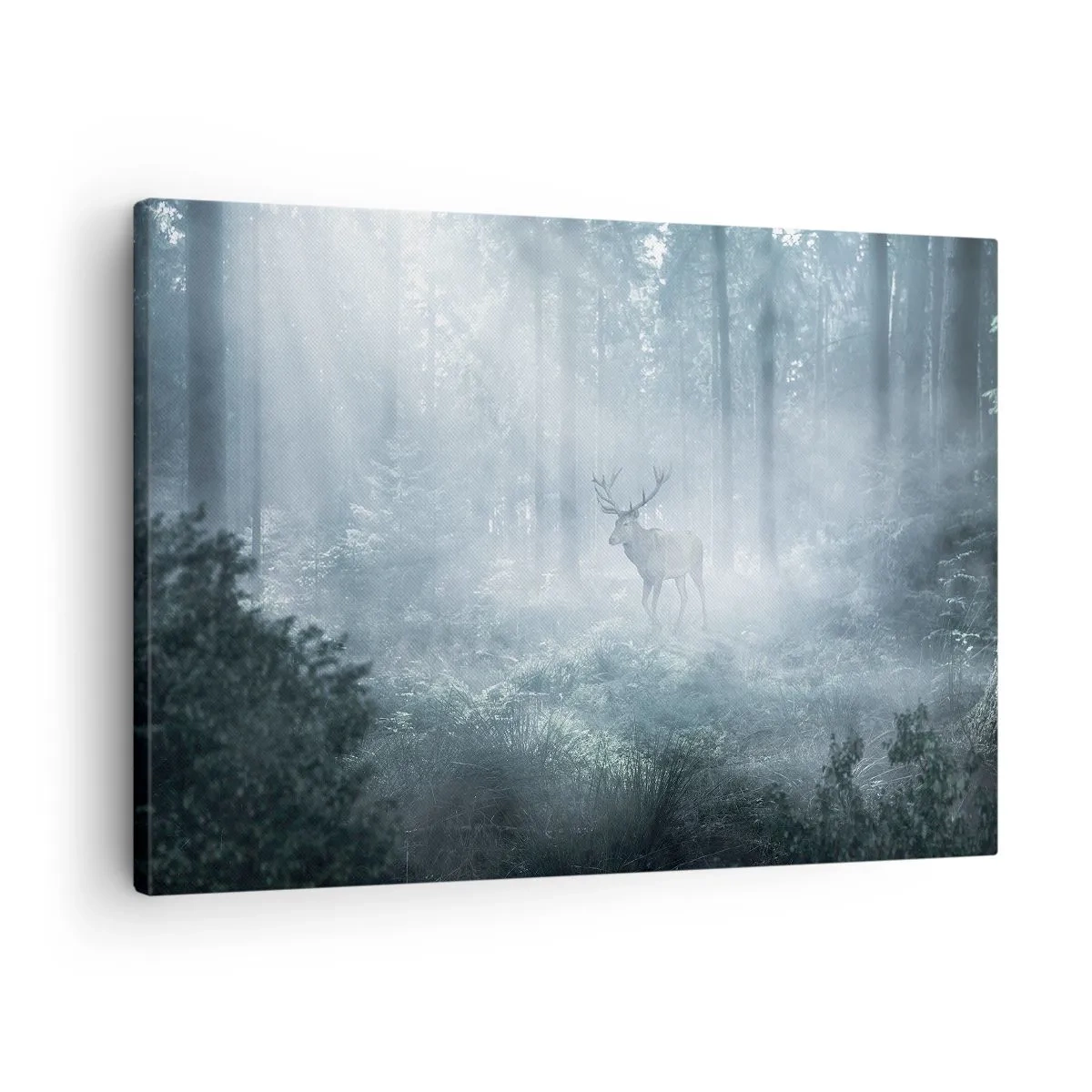 Vászonkép - Egy szarvas egy sűrű erdőben, reggeli ködbe burkolózva - 70x50cm - Reggeli birtokellenőrzés - Modern fali dekoráció nappalihoz és hálószobához ARTTOR