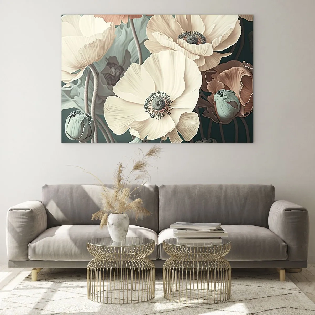 Üveg kép - Finom tejszínes és lazacos mák sötét háttér előtt - 70x50cm - Pipacsok suttogása - Modern fali dekoráció nappalihoz és hálószobához ARTTOR