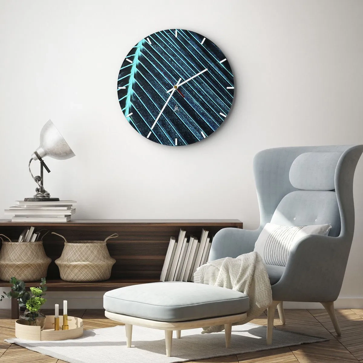 Falióra, Óra - Egy pálmalevél közeli képe zöld és türkiz árnyalatokban. - 30x30cm - A zöld textúrája - Modern fali dekoráció nappalihoz, konyhához és hálószobához ARTTOR
