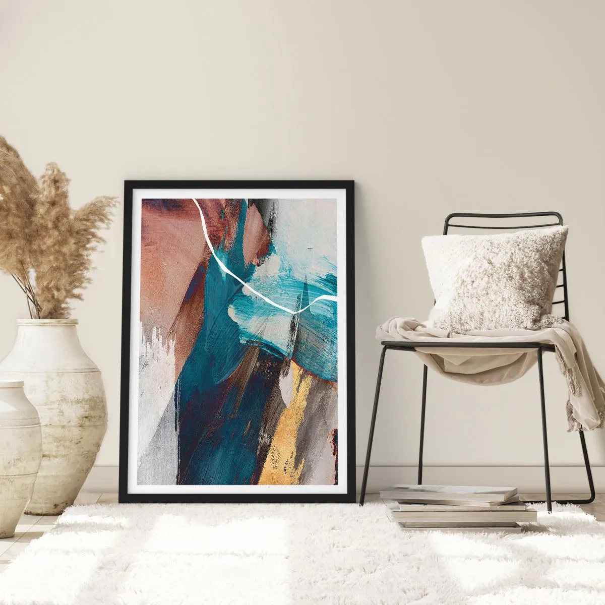 Poszter fehér keretben - Kifejező absztrakció kék és arany árnyalatokban - 50x70cm - Lelkesedéssel és energiával - Modern fali dekoráció nappalihoz és hálószobához ARTTOR