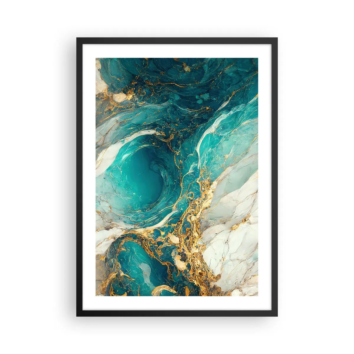 Poszter fehér keretben - Türkiz absztrakció arany díszítéssel - 50x70cm - Kompozíció aranyvénákkal - Modern fali dekoráció nappalihoz és hálószobához ARTTOR