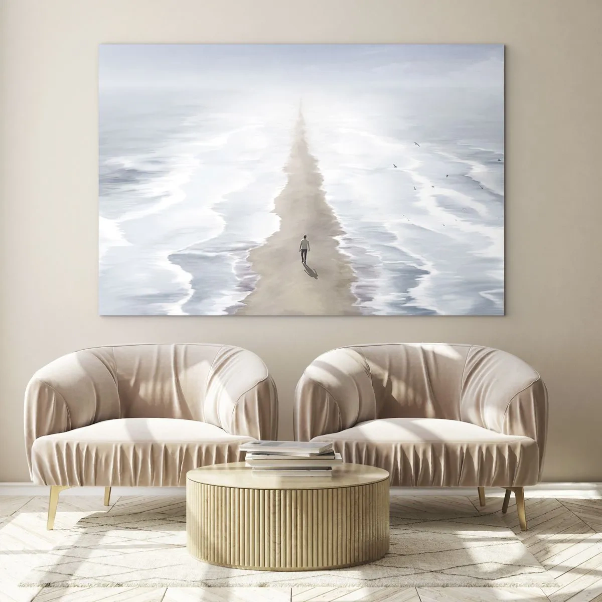 Üveg kép - Egy alak egyedül sétál a horizont felé a hullámok között - 70x50cm - Fényes jövő - Modern fali dekoráció nappalihoz és hálószobához ARTTOR