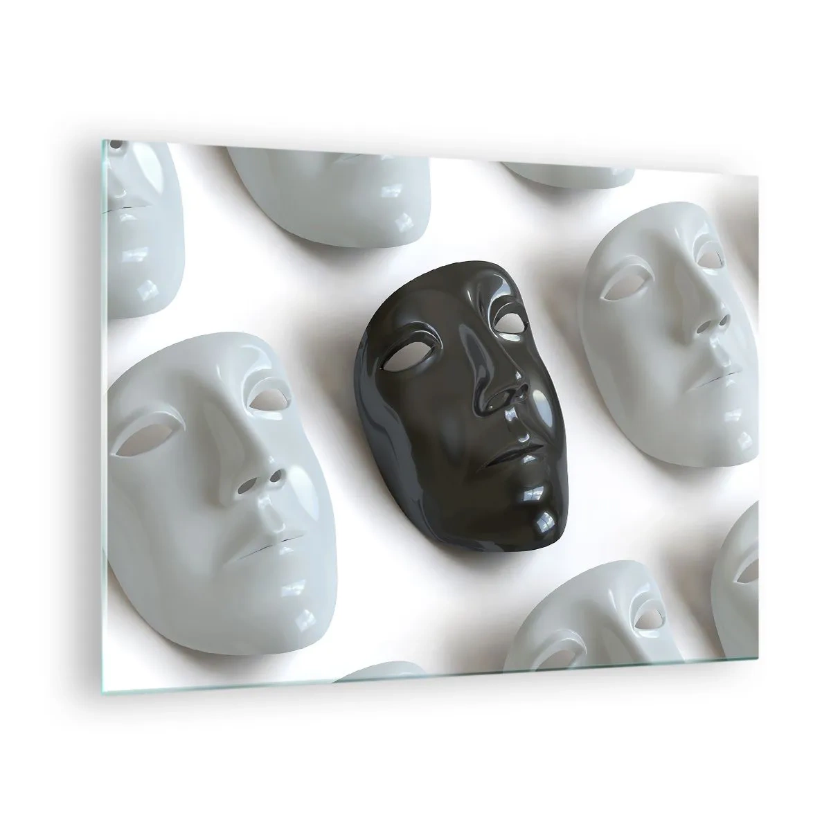Üveg kép - Fekete-fehér maszk fehér maszkok hátterében, világos háttér előtt - 70x50cm - Hogyan lehet kitűnni? - Modern fali dekoráció nappalihoz és hálószobához ARTTOR