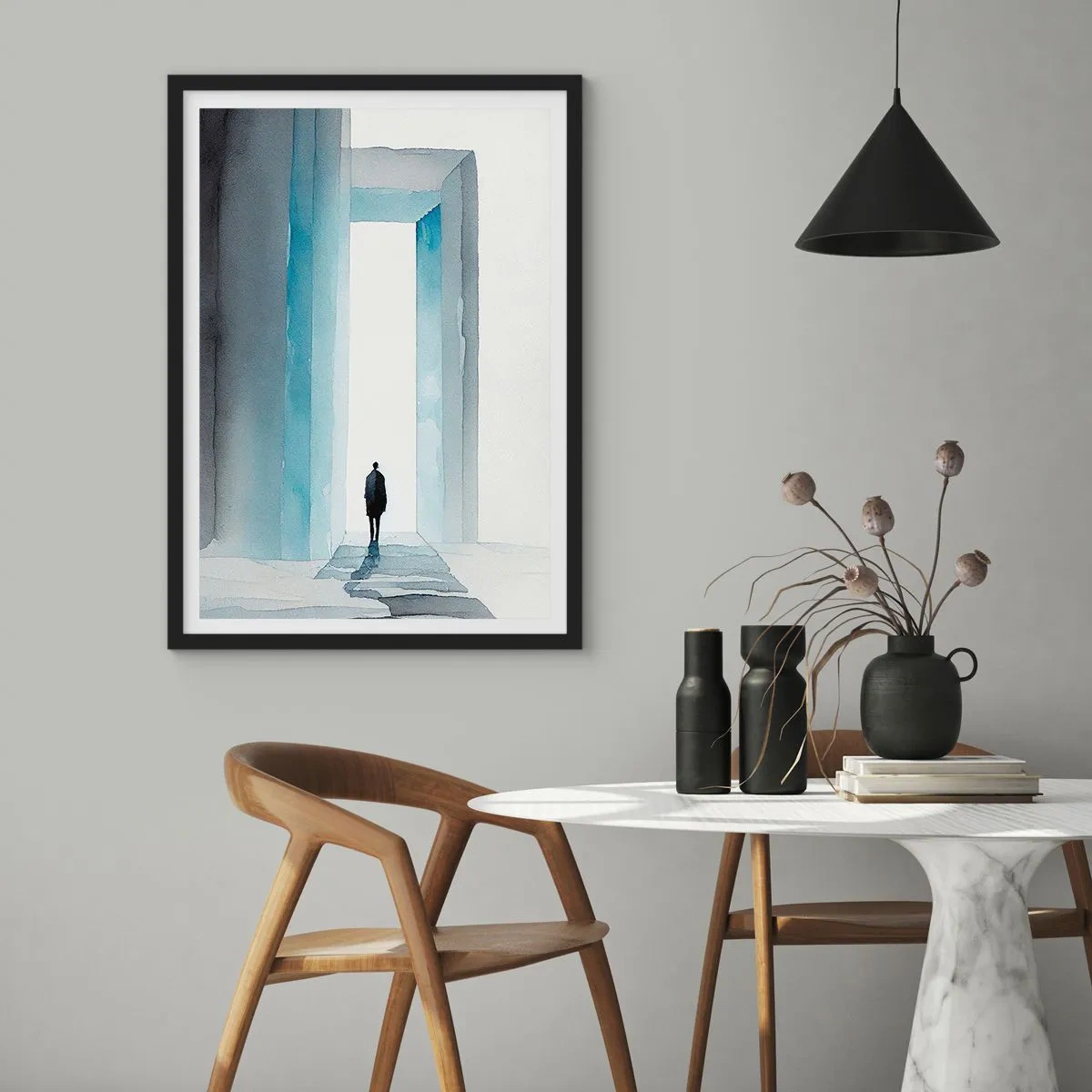 Poszter fehér keretben - Egy alak sétál át egy kék kapun, amely a szabadságot és a korlátlan lehetőségeket szimbolizálja - 50x70cm - Élj korlátok nélkül - Modern fali dekoráció nappalihoz és hálószobához ARTTOR