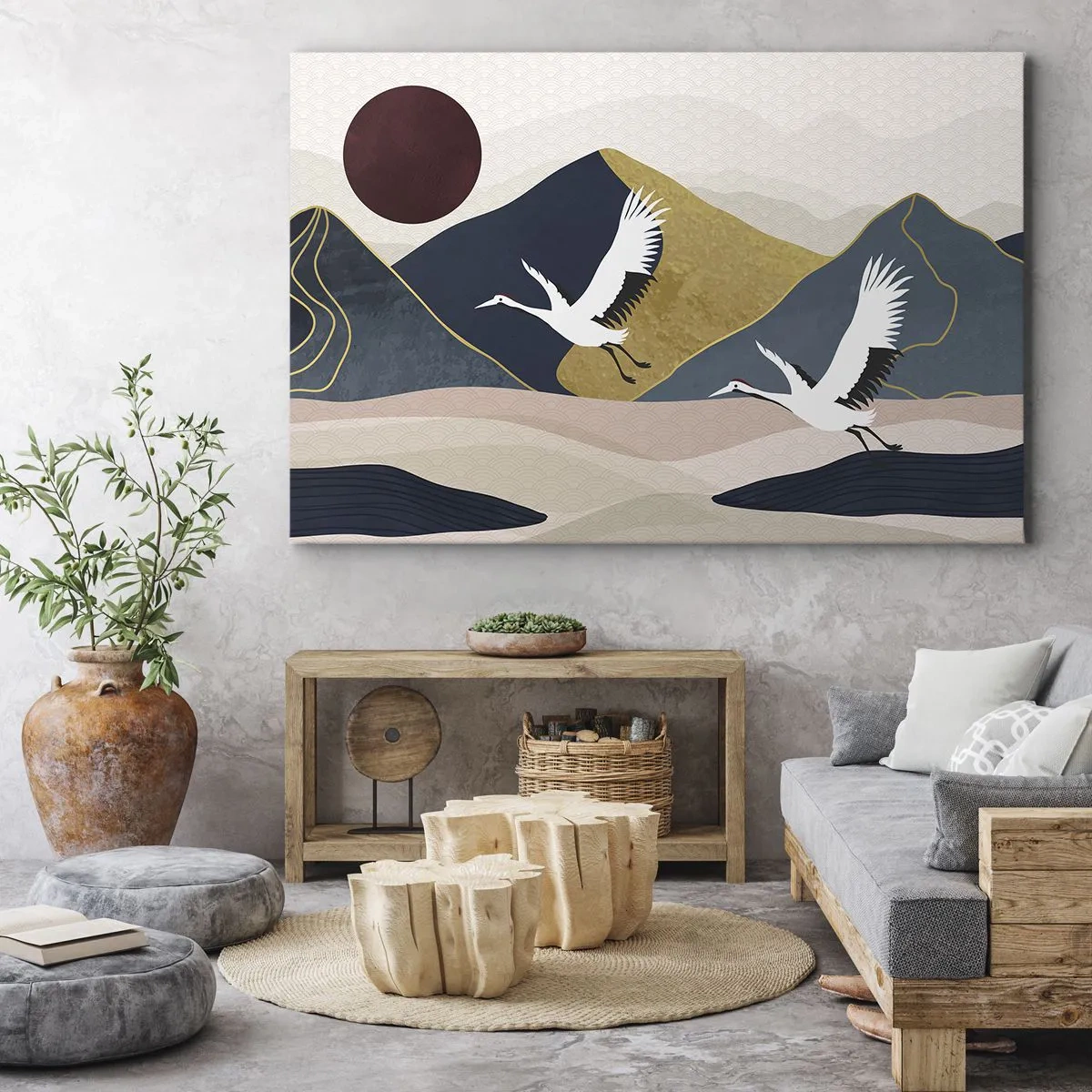 Vászonkép - Daruk repülés közben, hegyek és egy vörös nap hátterében - 70x50cm - És ismét ELREPÜLT a nap - Modern fali dekoráció nappalihoz és hálószobához ARTTOR