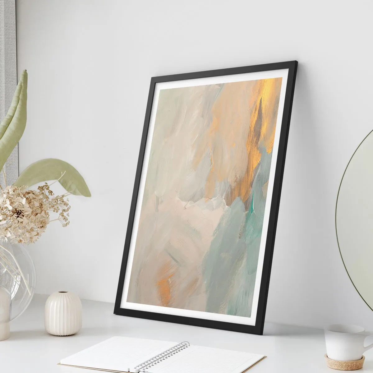 Poszter fehér keretben - Absztrakt festménykompozíció pasztell árnyalatokban - 50x70cm - Absztrakció - a szelídség földje - Modern fali dekoráció nappalihoz és hálószobához ARTTOR