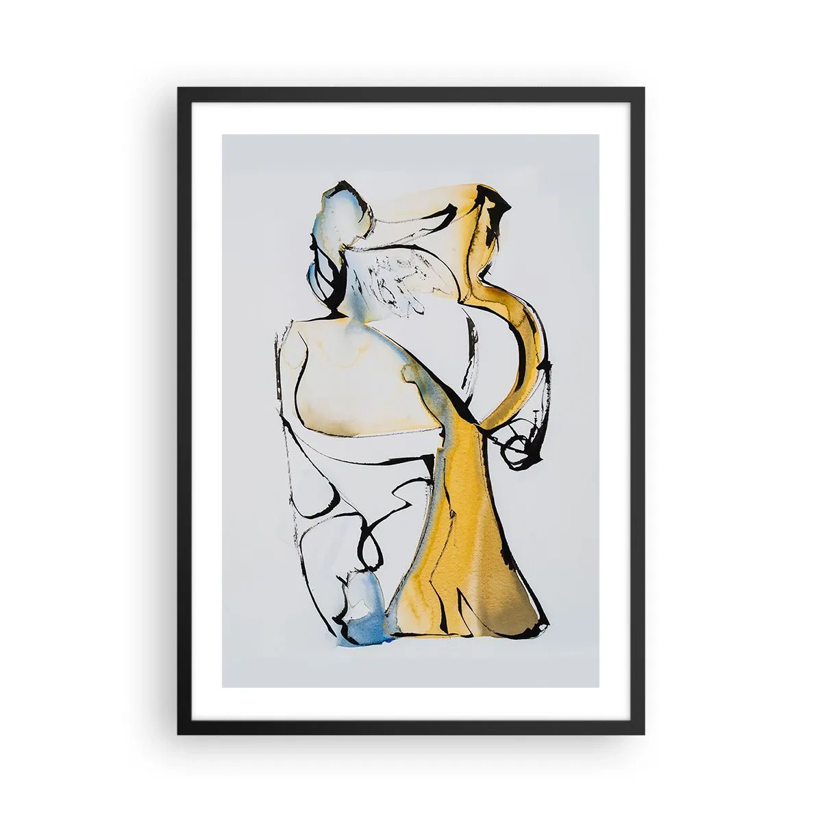 Poszter fehér keretben - Egy fekete, sárga és kék színű absztrakt figura, amely mozgást és érzelmeket fejez ki. - 50x70cm - Üveg absztrakció - Modern fali dekoráció nappalihoz és hálószobához ARTTOR