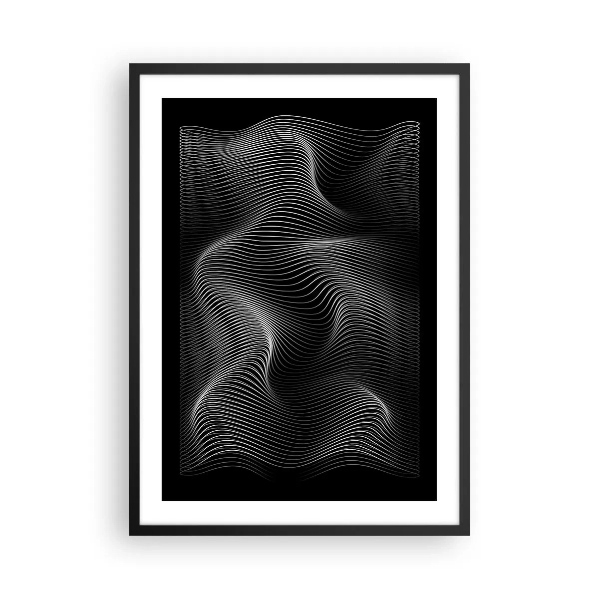 Poszter fehér keretben - Minimalista hullámok fekete-fehérben - 50x70cm - A fény tánca a térben - Modern fali dekoráció nappalihoz és hálószobához ARTTOR