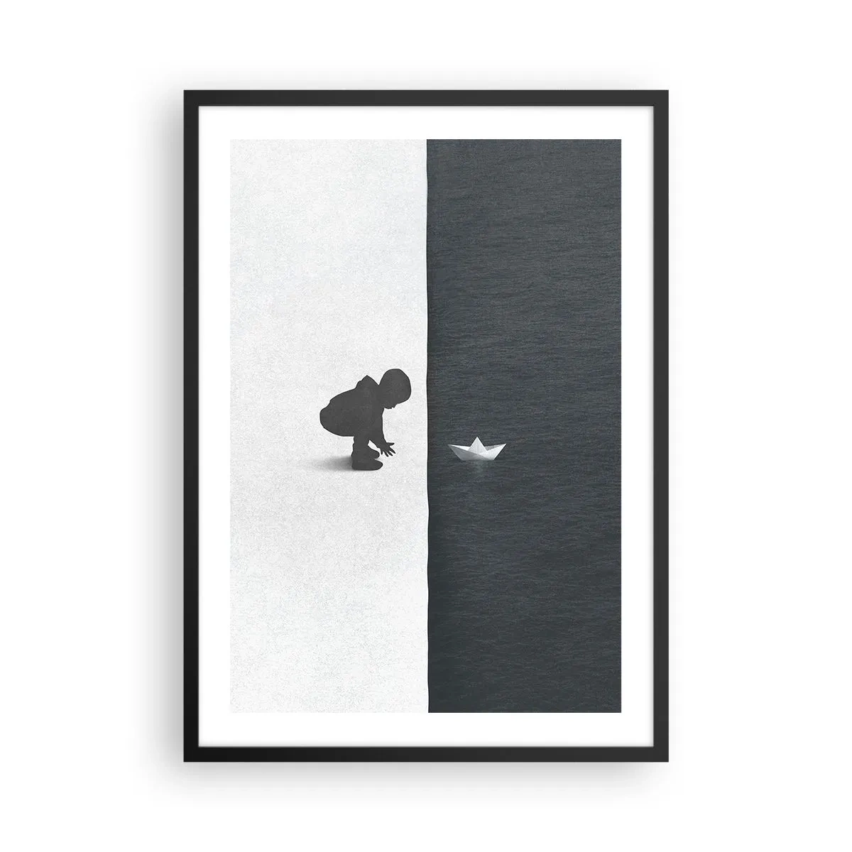 Poszter fehér keretben - Egy gyermek papírhajóval a víz fölé hajol - 50x70cm - Nagy utazás - Modern fali dekoráció nappalihoz és hálószobához ARTTOR