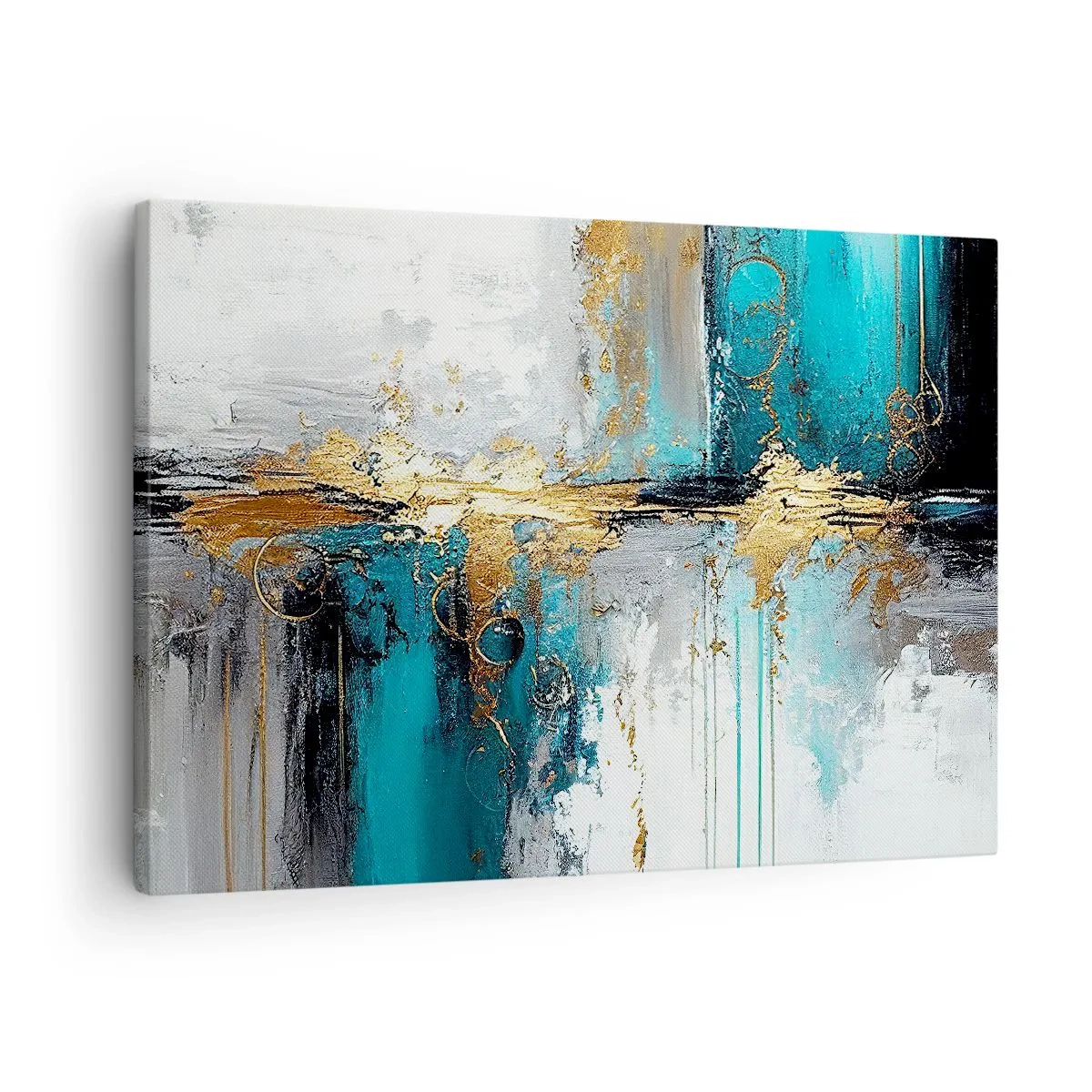 Vászonkép - Absztrakt kompozíció türkiz és arany díszítéssel. - 70x50cm - Minden áramlik - Modern fali dekoráció nappalihoz és hálószobához ARTTOR