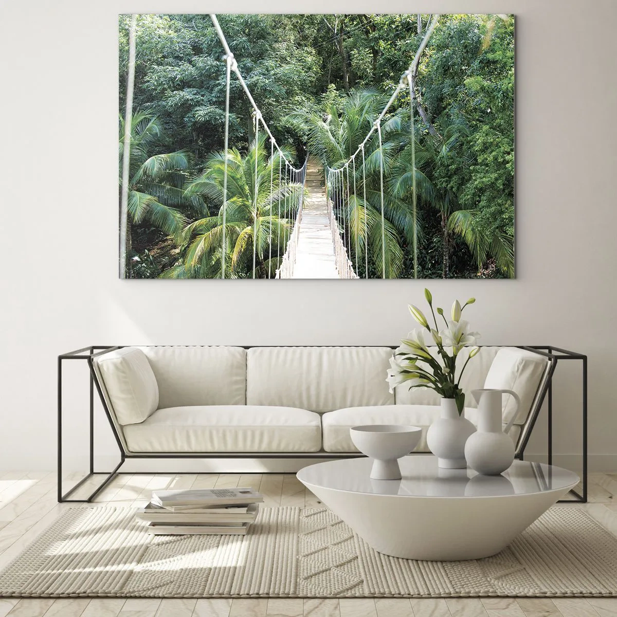 Üveg kép - Függőhíd egy trópusi erdőben - 70x50cm - Üdvözöljük a dzsungelben! - Modern fali dekoráció nappalihoz és hálószobához ARTTOR