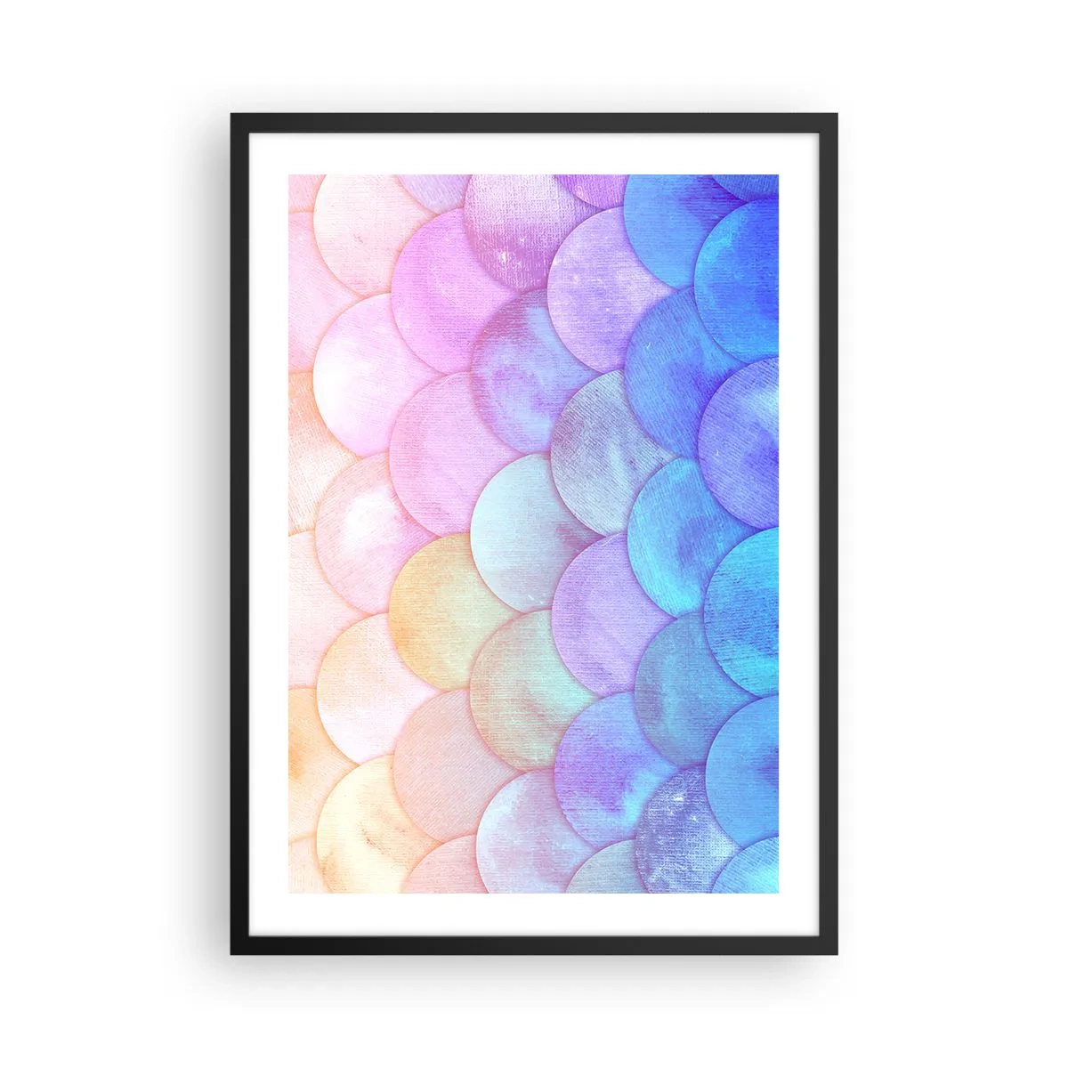 Poszter fehér keretben - Szivárvány árnyalatú pikkelyekre emlékeztető pasztell kompozíció - 50x70cm - Gyöngyház kagyló - Modern fali dekoráció nappalihoz és hálószobához ARTTOR