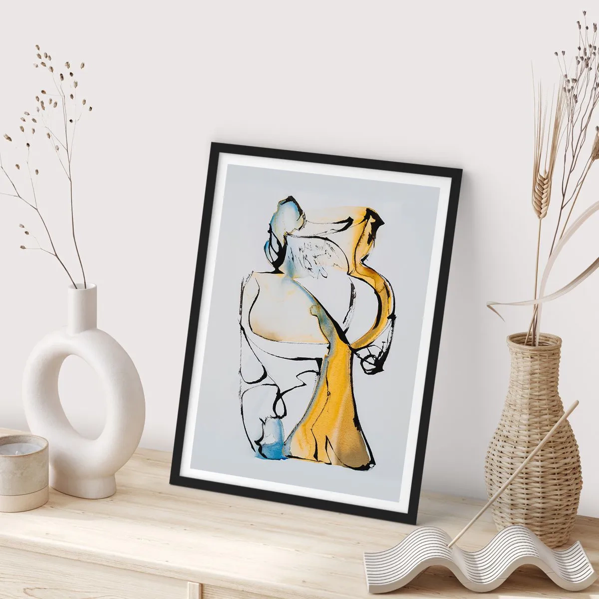 Poszter fehér keretben - Egy fekete, sárga és kék színű absztrakt figura, amely mozgást és érzelmeket fejez ki. - 50x70cm - Üveg absztrakció - Modern fali dekoráció nappalihoz és hálószobához ARTTOR